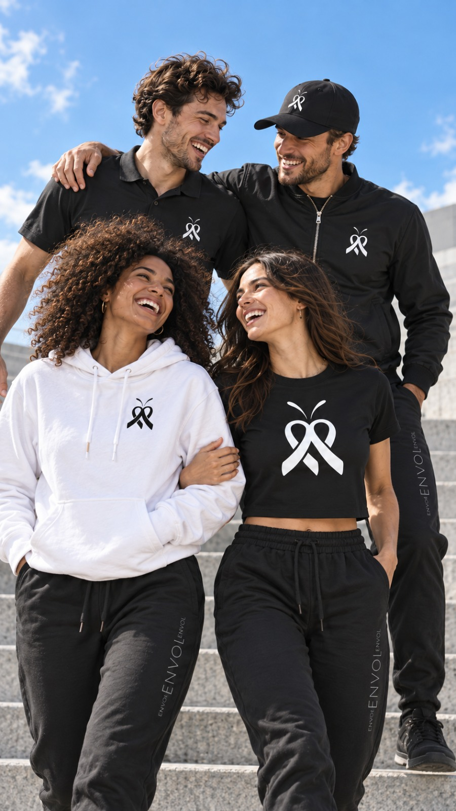 Quatre personnes souriantes portant les vêtements Envol