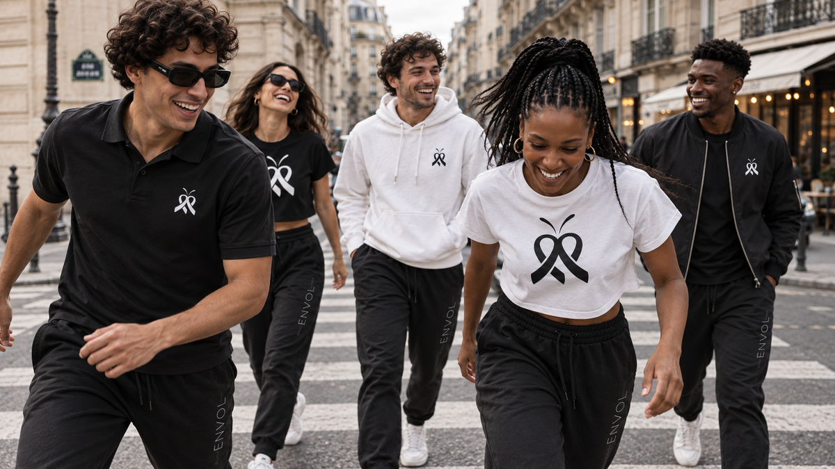 Un groupe souriant portant les vêtements Envol dans une rue de Paris